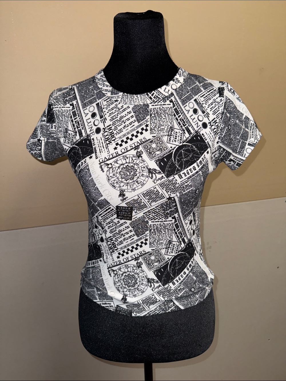 Black & White Newspaper-Print Crewneck Tee